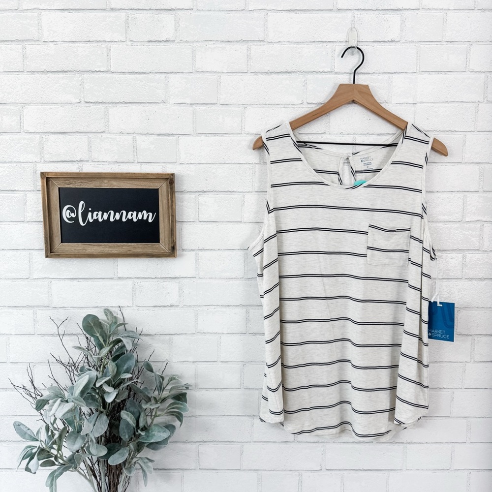 MARKET & SPRUCE Stitch Fix Striped Off-White Merrit One Pocket Knit Tank